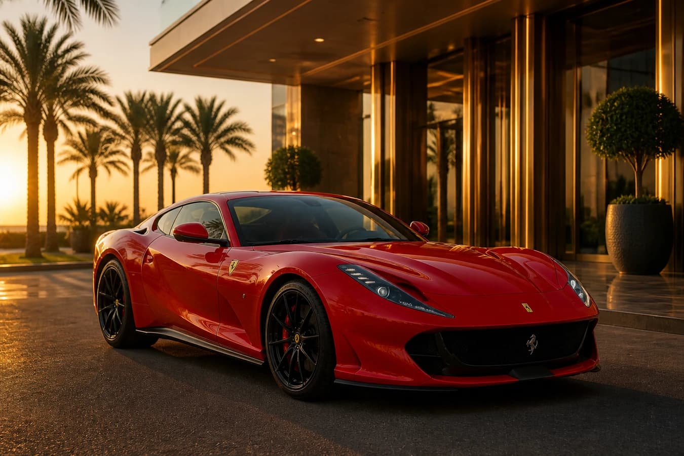 Ferrari 812 Superfast rental Dubai: red V12 coupe at a Dubai hotel porte-cochère in golden hour
