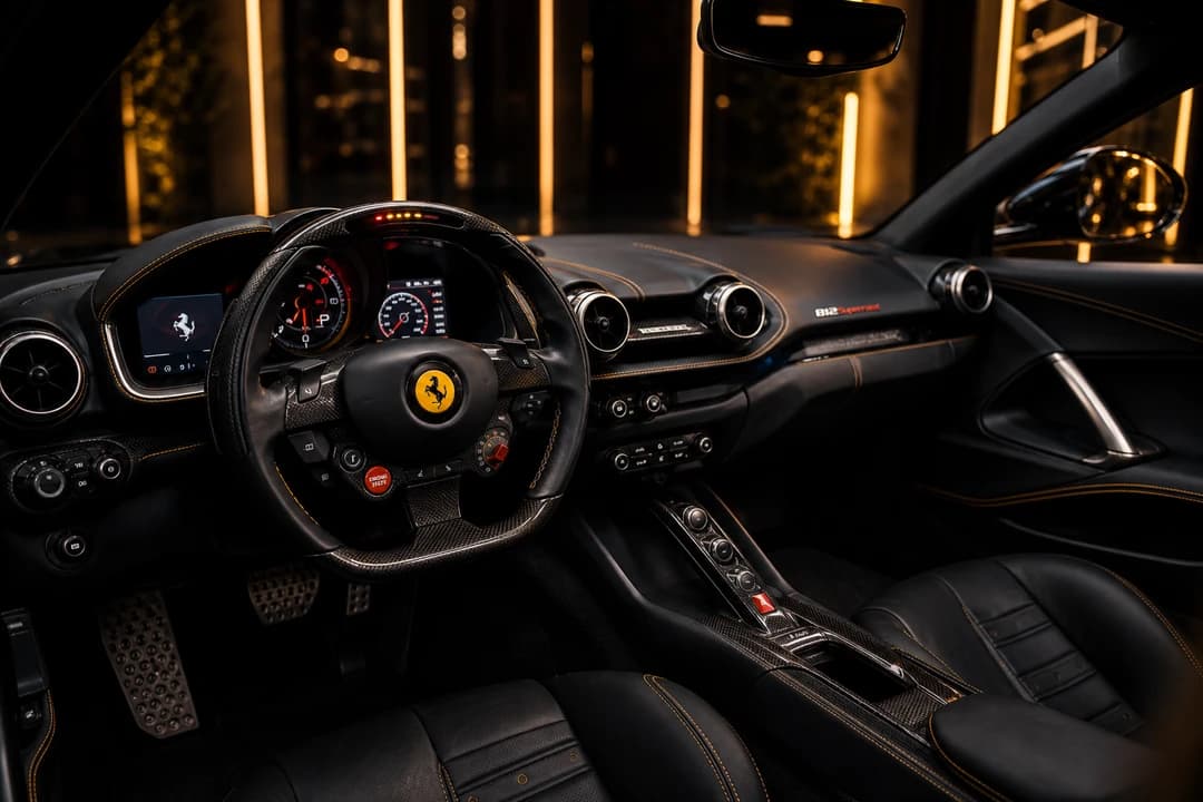 Ferrari 812 Superfast hire Dubai driver cockpit with carbon and leather for luxury car rental Dubai night drives