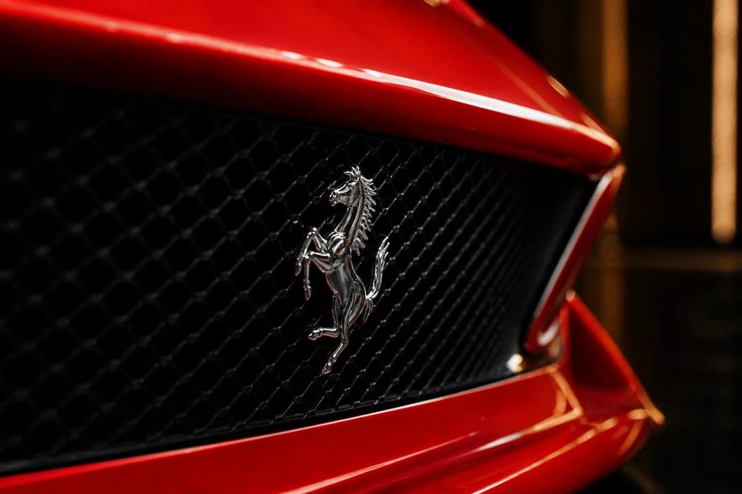 Ferrari Prancing Horse badge and grille detail on an 812 Superfast for Ferrari 812 Superfast rental Dubai identity