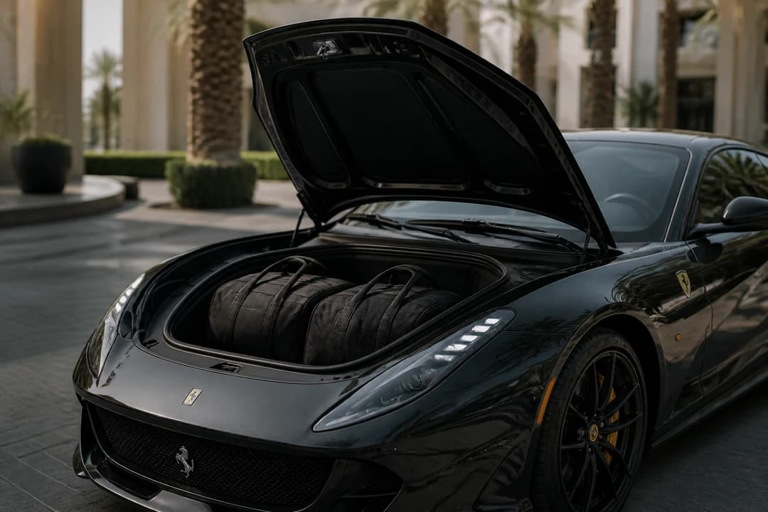 Ferrari 812 Superfast front luggage bay with soft weekend bags for rent Ferrari 812 Superfast Dubai packing honesty