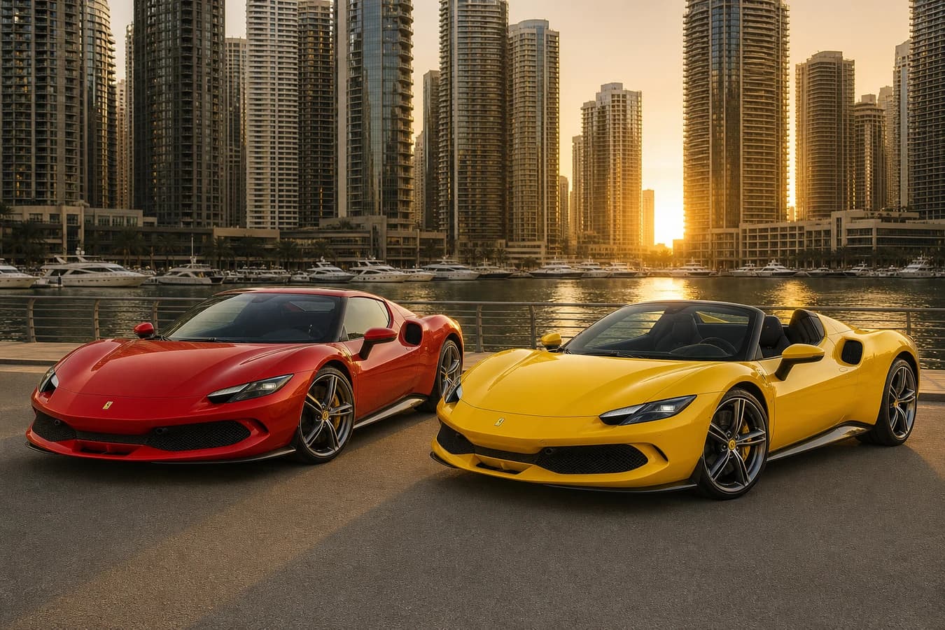 Ferrari coupe vs spider rental Dubai: red 296 GTB coupe beside yellow 296 GTS spider at Dubai Marina waterfront