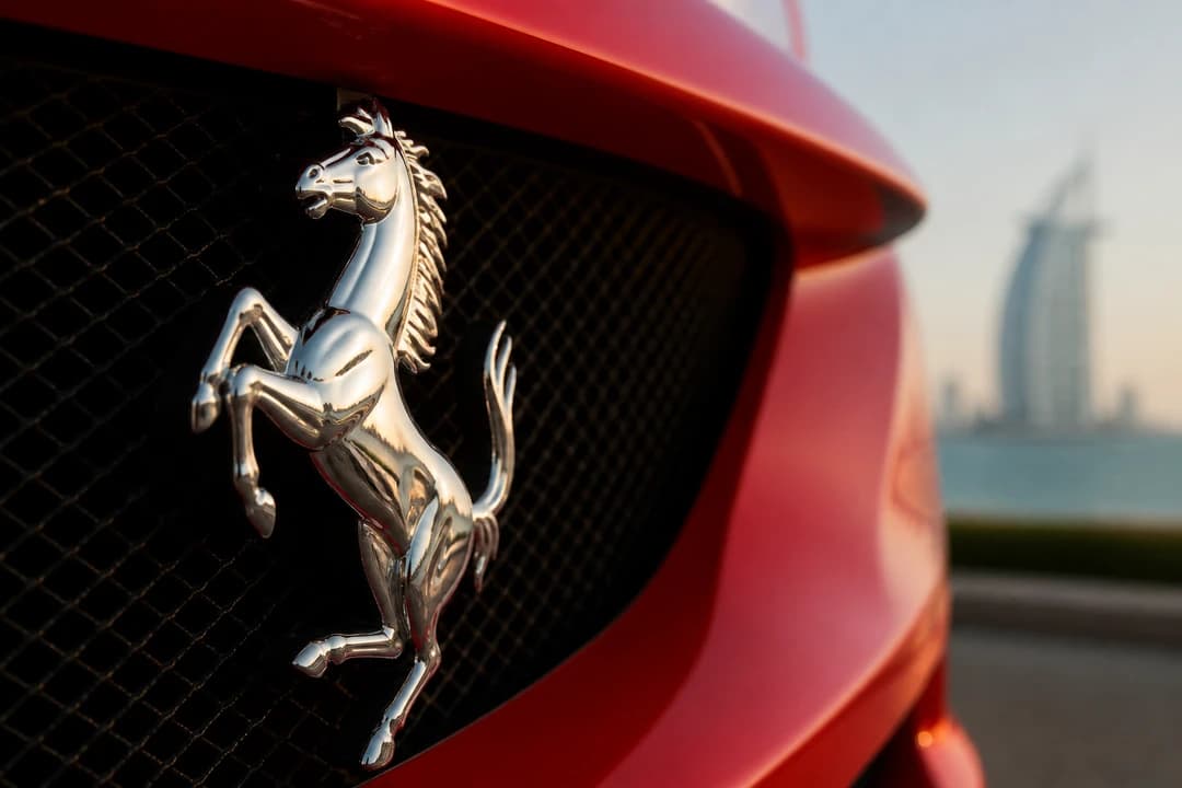 Ferrari Prancing Horse badge detail for Ferrari coupe vs spider rental Dubai identity