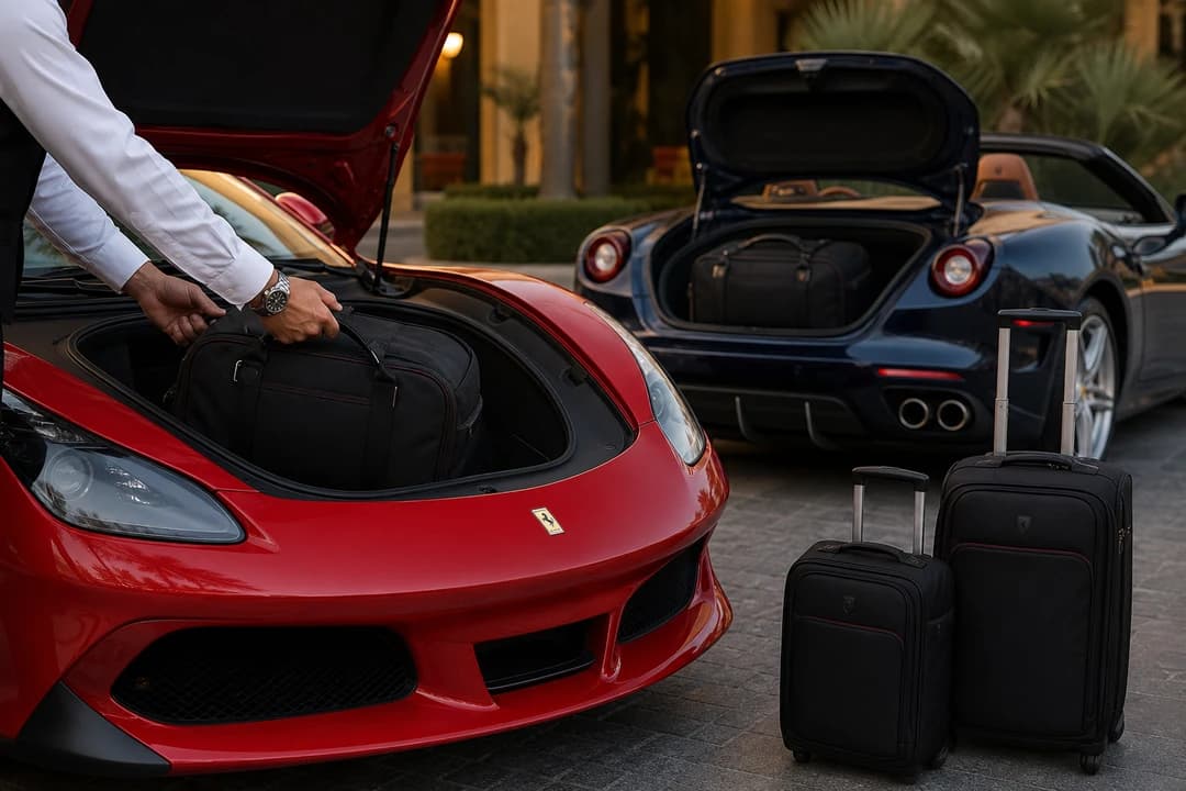 Soft cabin bags at a Ferrari coupe front boot for luxury car comparison Dubai packing honesty