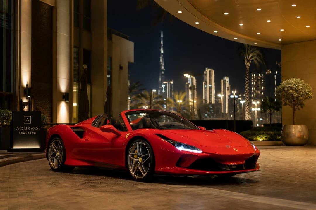 Ferrari F8 Tributo Spider at a Downtown Dubai hotel porte-cochere for Ferrari car rental Dubai evening arrivals
