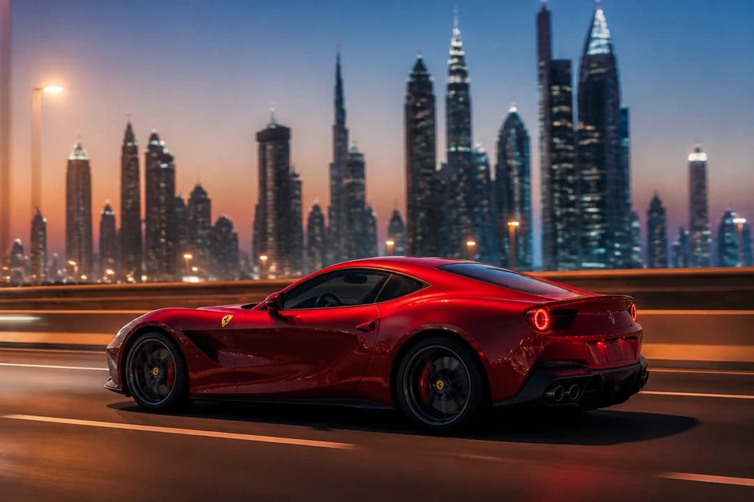 Rent Ferrari Portofino Dubai: Portofino roof-up on Sheikh Zayed Road at blue hour for exotic car rental Dubai touring