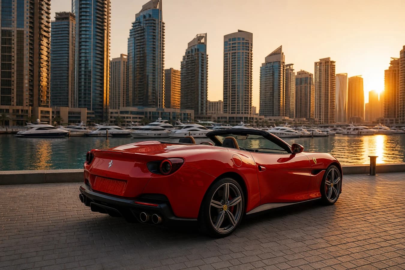 Ferrari Portofino rental Dubai: red Portofino convertible roof-down at Dubai Marina golden hour