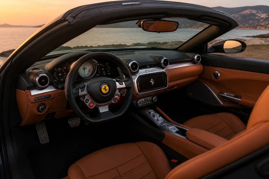Ferrari Portofino hire Dubai cabin with leather seats for luxury car rental Dubai evening convertible comfort