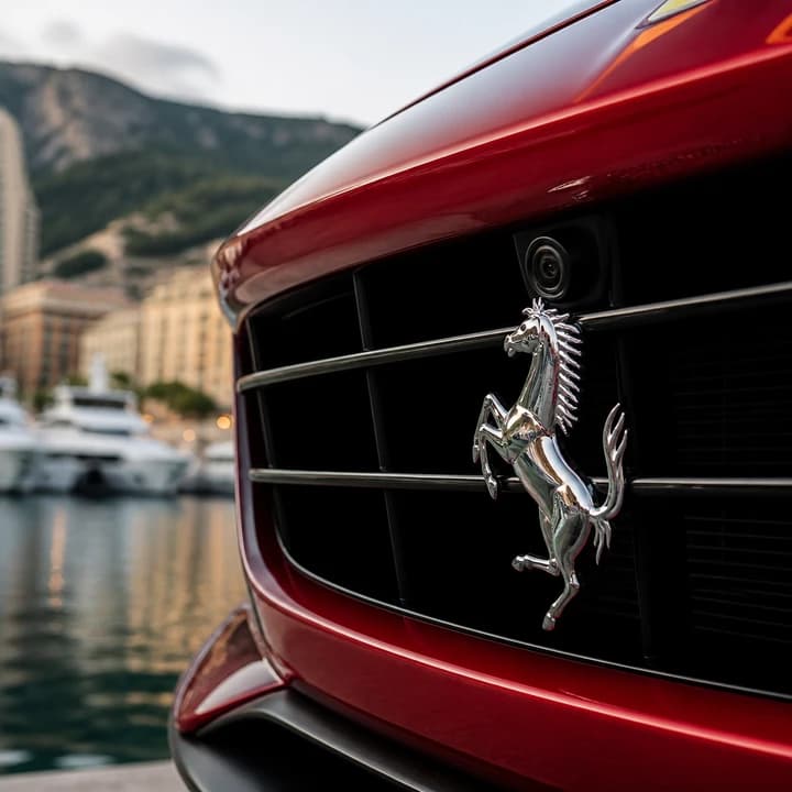 Ferrari Portofino prancing horse badge detail for Ferrari Portofino rental Dubai identity