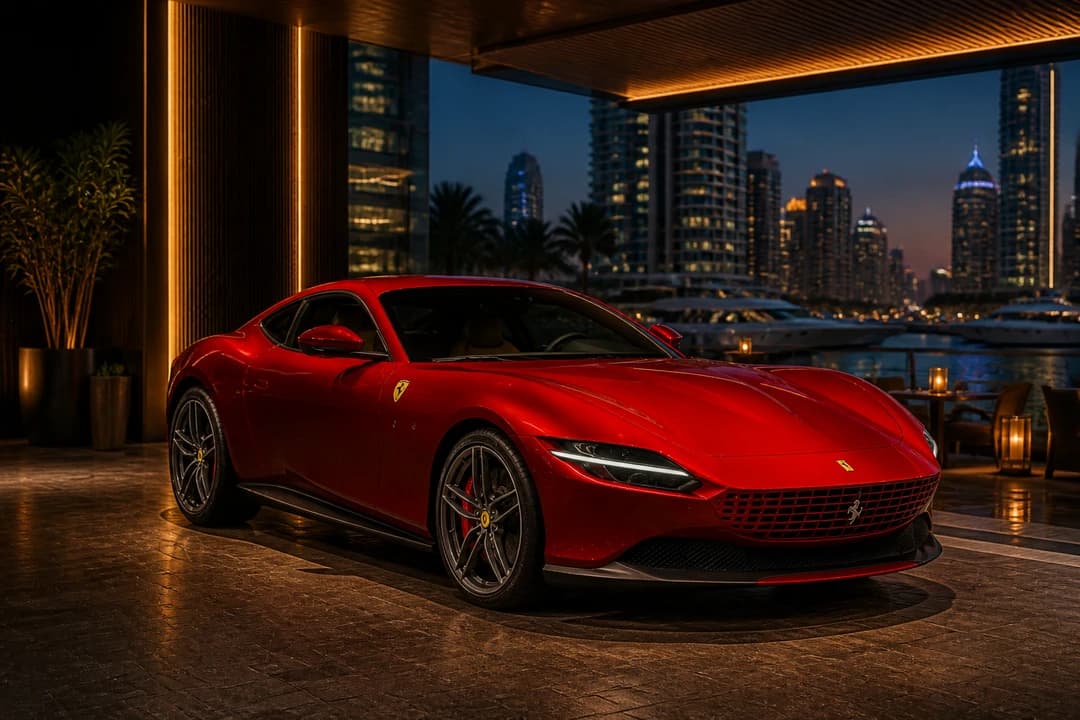 Red Ferrari Roma at Dubai Marina waterfront valet at dusk for Ferrari Roma hire Dubai date evenings