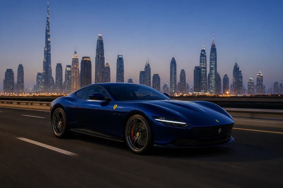 Rent Ferrari Roma Dubai: dark blue Roma on Sheikh Zayed Road at blue hour for exotic car rental Dubai grand touring