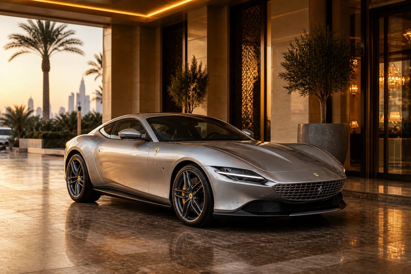 Ferrari Roma rental Dubai: silver Roma coupe at a five-star hotel porte-cochère in golden hour
