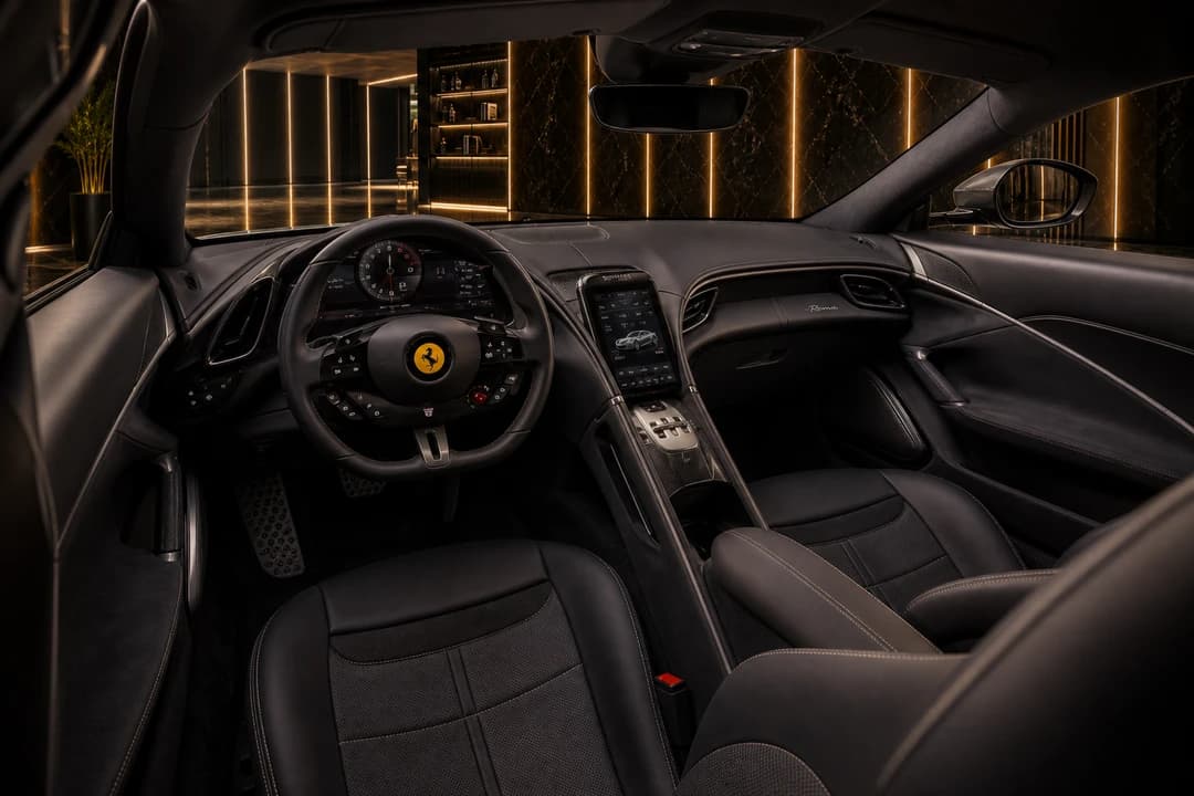 Ferrari Roma hire Dubai dual-cockpit leather cabin for luxury car rental Dubai business and date nights