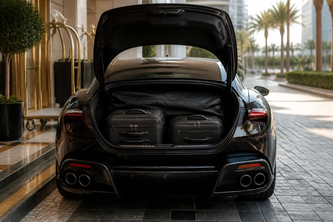 Soft rollers and a garment bag in a Ferrari Roma boot for rent Ferrari Roma Dubai packing honesty