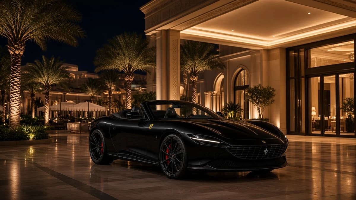Ferrari Roma Spider at a Palm Jumeirah resort porte-cochère at night for convertible rental Dubai dinner arrivals