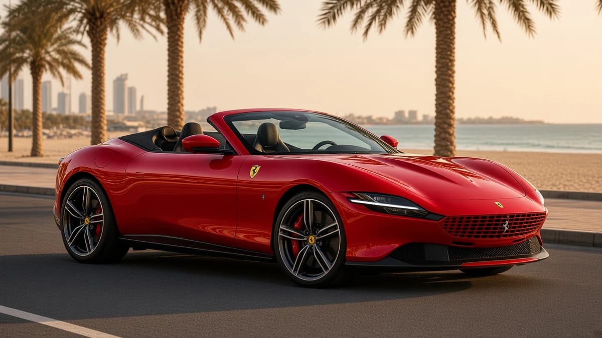 Rent Ferrari Roma Spider Dubai exterior on Jumeirah Beach Road at golden hour with soft top stowed