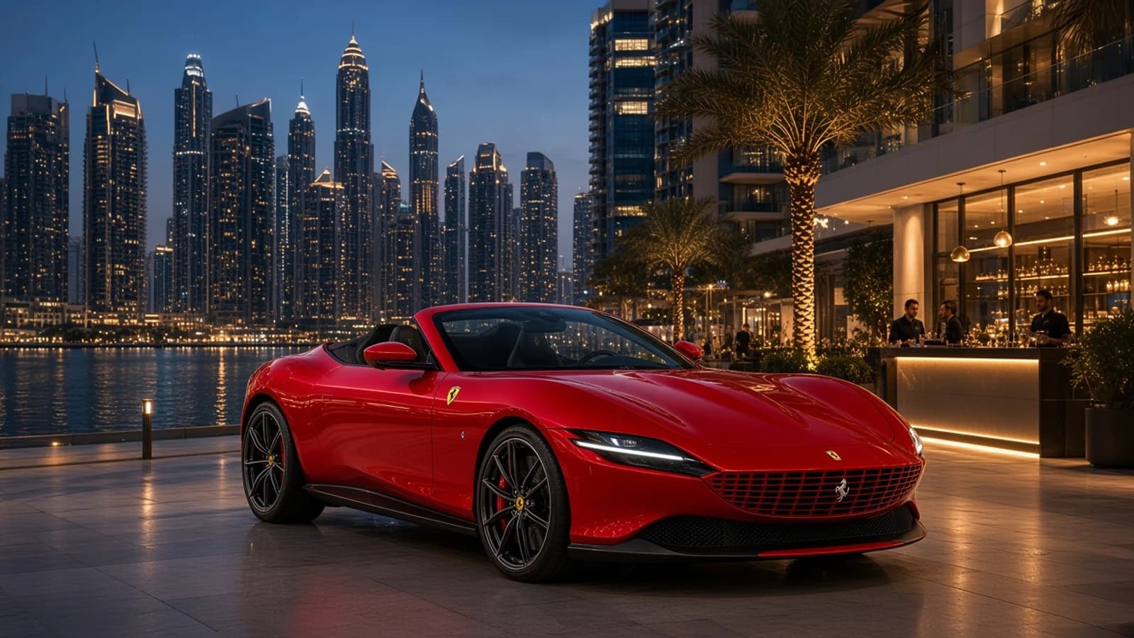 Ferrari Roma Spider rental Dubai guide hero with Rosso Spider roof down at a Marina restaurant valet at blue hour