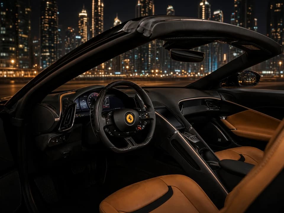 Ferrari Roma Spider dual-cockpit leather cabin with roof down for Ferrari car rental Dubai dinner evenings