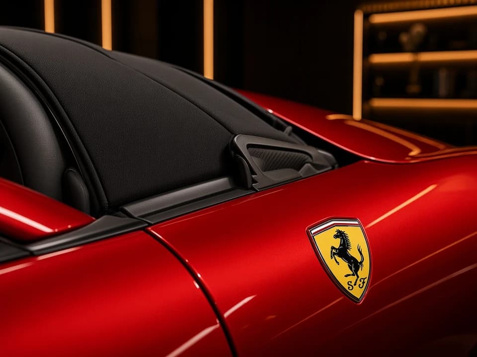 Ferrari Roma Spider soft-top mechanism and Prancing Horse badge detail for open-top grand touring character