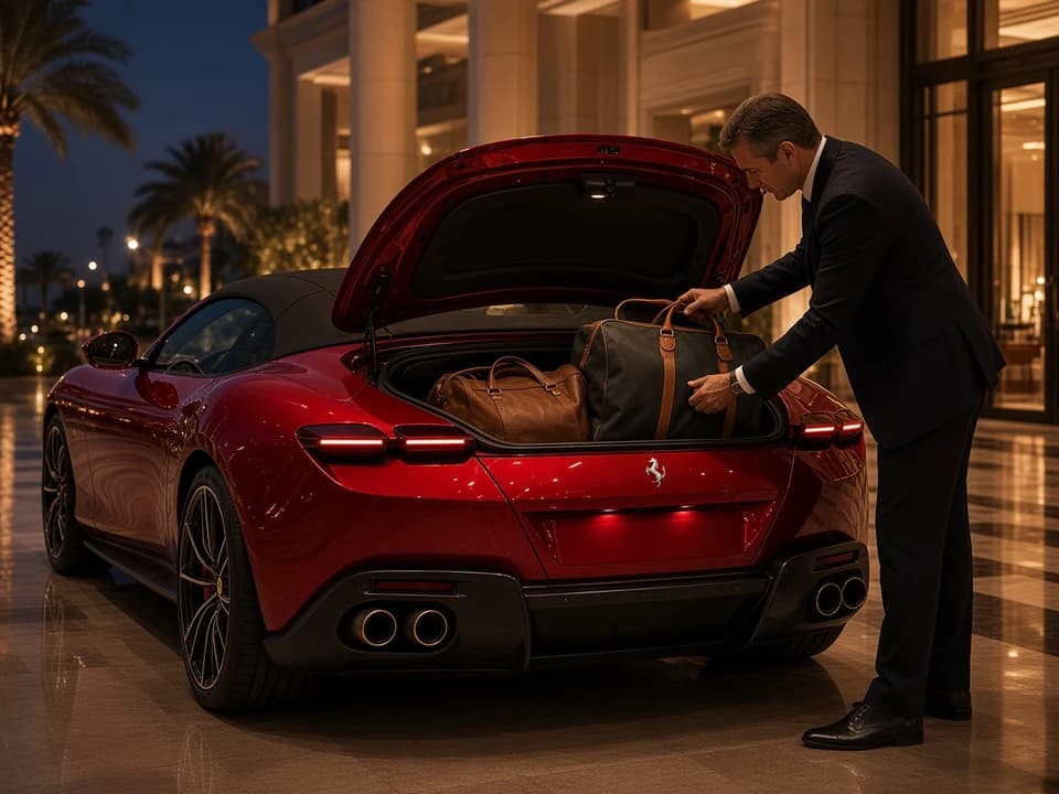 Soft overnight bags and a garment bag in a Ferrari Roma Spider boot at a DIFC hotel for dinner-plan packing