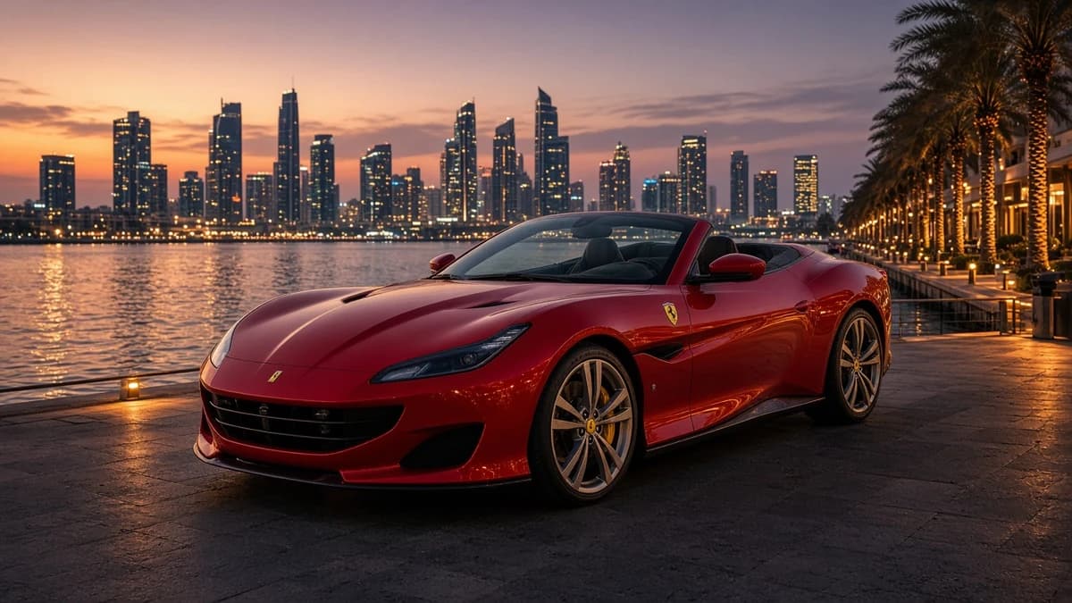 Ferrari Portofino roof-down at Dubai Marina waterfront for exotic car rental Dubai date evenings