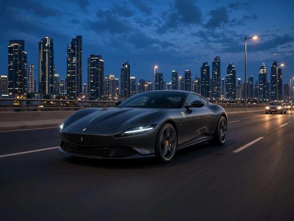 Ferrari Roma rental Dubai: dark Roma coupe on Sheikh Zayed Road at blue hour for couples hotel weeks
