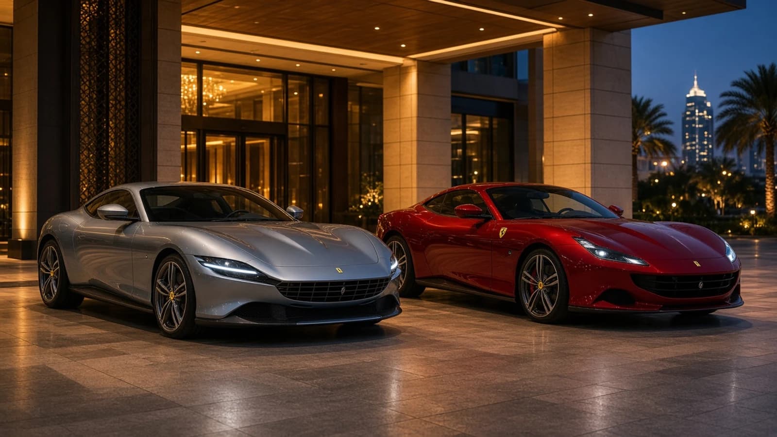 Ferrari Roma vs Portofino Dubai: silver Roma coupe beside a red Portofino convertible at a Dubai hotel porte-cochère at dusk