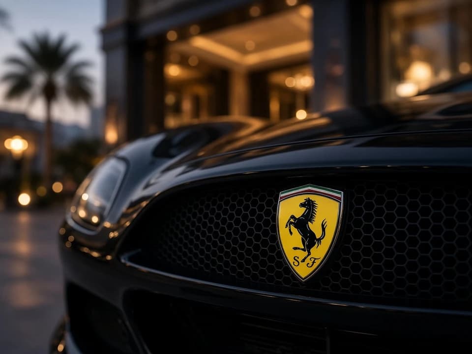 Ferrari Prancing Horse badge detail for Ferrari Roma vs Portofino Dubai grand-tourer identity