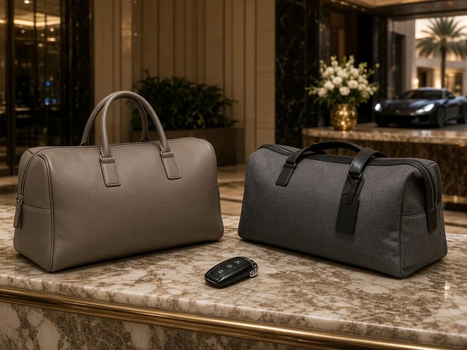 Soft overnight bags beside Ferrari keys before choosing Roma or Portofino for luxury car rental Dubai