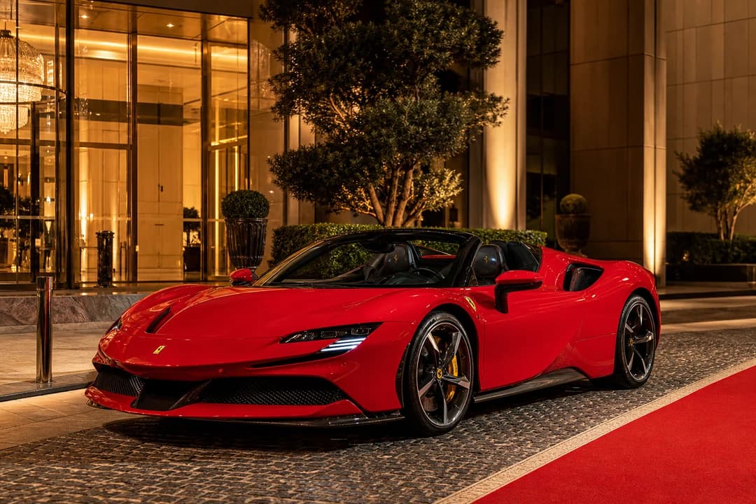 Ferrari SF90 Spider open-top at a luxury Dubai hotel porte-cochere for flagship arrival moments