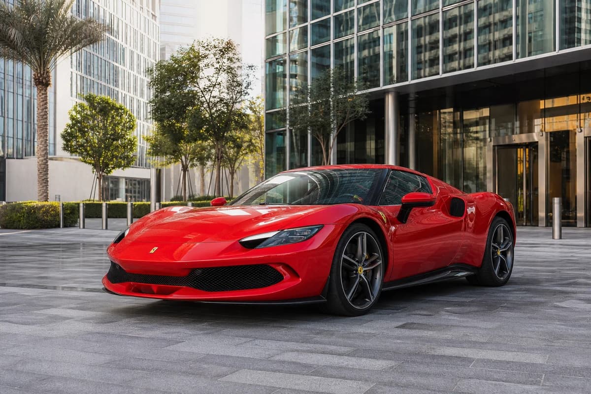 Ferrari 296 GTB exterior at DIFC for luxury car comparison Dubai and Ferrari rental decisions