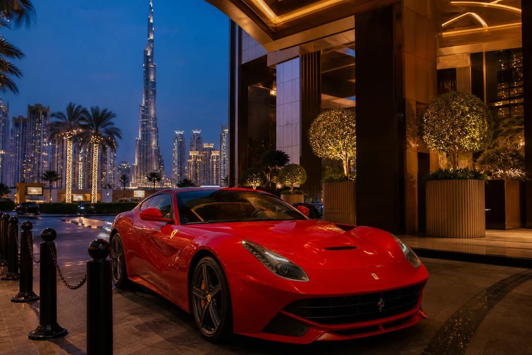 Supercar rental Dubai festive week: red Ferrari coupe at a Downtown hotel valet in peak demand blue hour