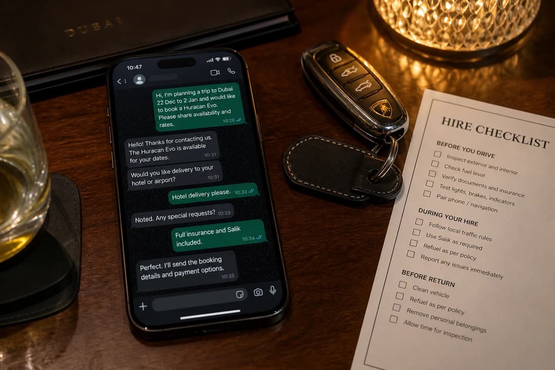 Dubai car hire festive booking checklist: keys and WhatsApp confirmation on a hotel desk before payment