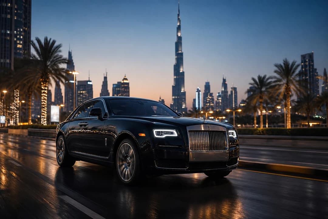 Rolls-Royce Ghost Series II on a Downtown Dubai boulevard at blue hour for Rolls-Royce Ghost rental Dubai