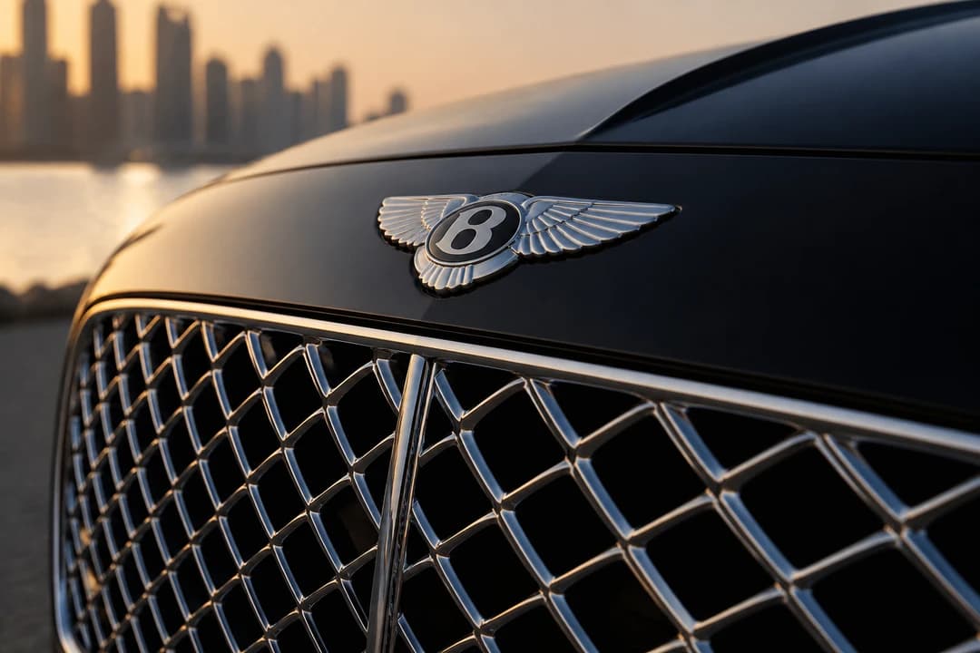 Bentley Flying Spur matrix grille and flying B badge detail for Flying Spur vs Ghost rental Dubai identity