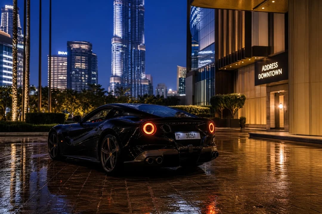Evening coupe at a Downtown Dubai hotel after GITEX for supercar rental Dubai client entertainment