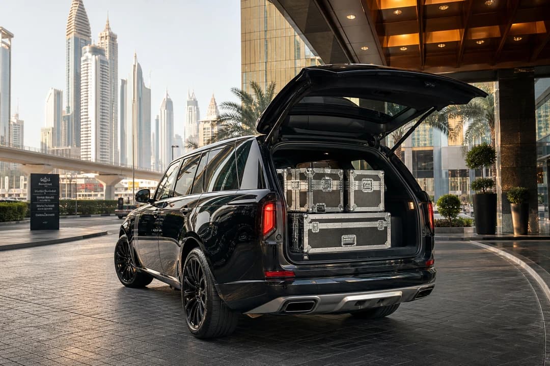 Executive luxury SUV with soft trade-show cases at a hotel valet near Sheikh Zayed Road for Dubai car hire