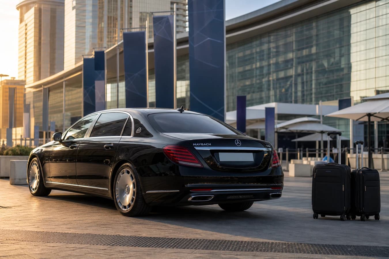 GITEX luxury car rental Dubai hero with a Maybach at Dubai World Trade Centre exhibition forecourt