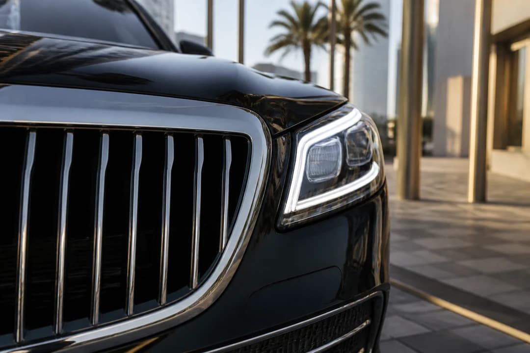 Executive sedan grille detail for GITEX luxury car rental Dubai morning arrivals