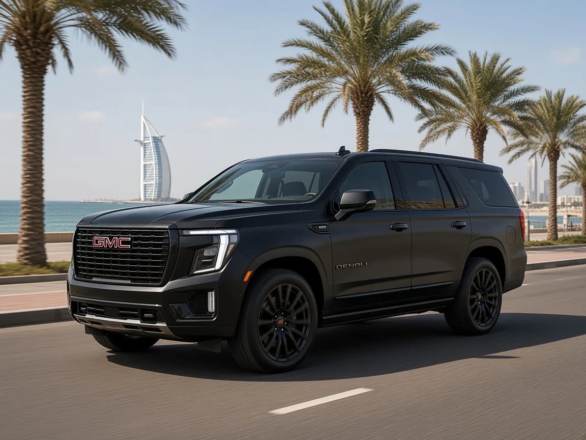 Black GMC Yukon Denali driving on a palm-lined Jumeirah coastal road with the Burj Al Arab in the distance