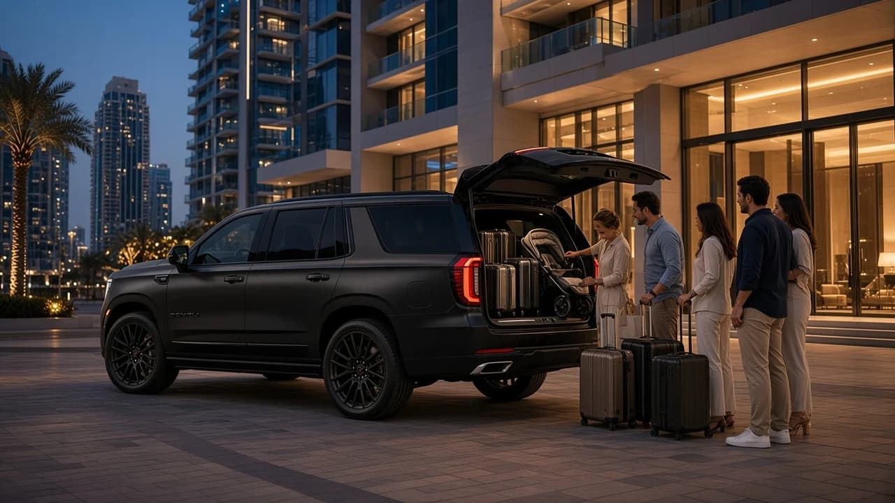 GMC Yukon Denali rental Dubai guide: black Yukon Denali loaded with family suitcases outside a Dubai Marina tower at blue hour