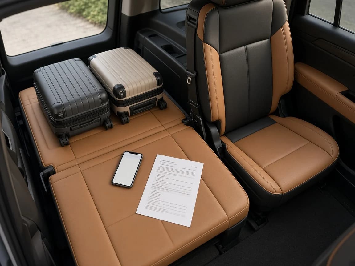 GMC Yukon Denali third row with one seat folded for suitcases beside a phone and a printed rental quote