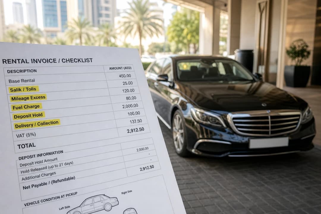 Dubai car rental payment checklist highlighting Salik, mileage, fuel and deposit beside a luxury sedan at handover