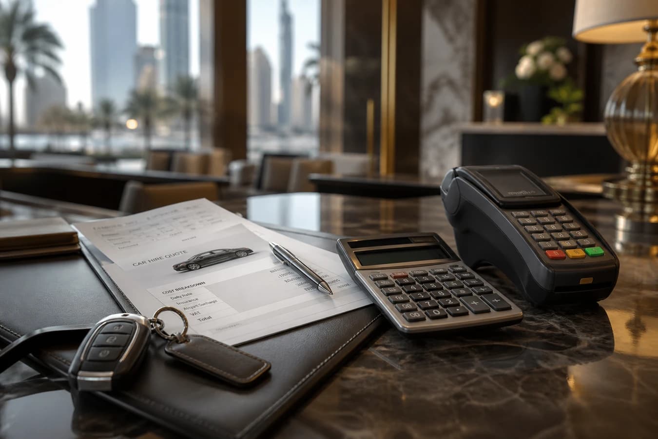 Hidden fees luxury car rental Dubai: hire quote papers and card terminal on a hotel desk before payment