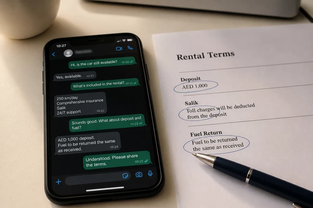 Rental deposit Dubai and Dubai rental terms marked on a WhatsApp quote before luxury car hire Dubai payment