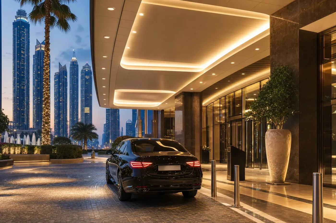 Hotel car handover Dubai guide hero with luxury sedan at a five-star hotel porte-cochère at dusk