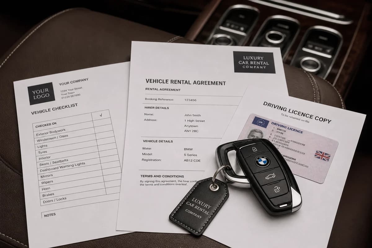 Hotel rental car handover checklist with keys, licence copy, and rental papers on a luxury car centre console