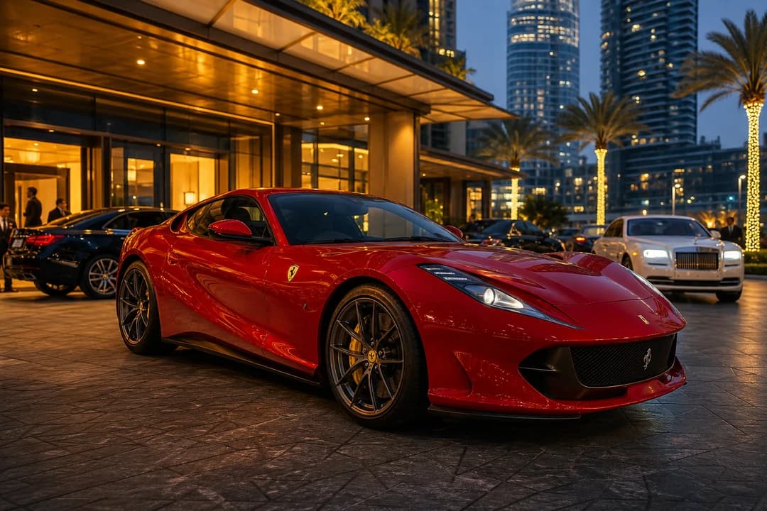 Supercar rental Dubai at a Downtown hotel valet during a busy winter Friday evening