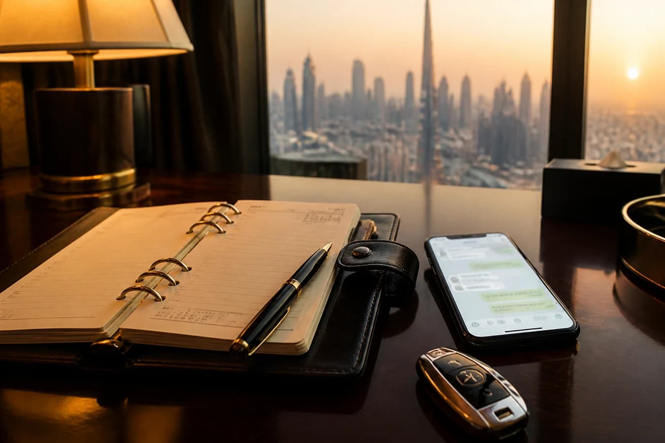 How early book supercar Dubai: calendar, WhatsApp confirmation, and supercar key fob on a hotel desk