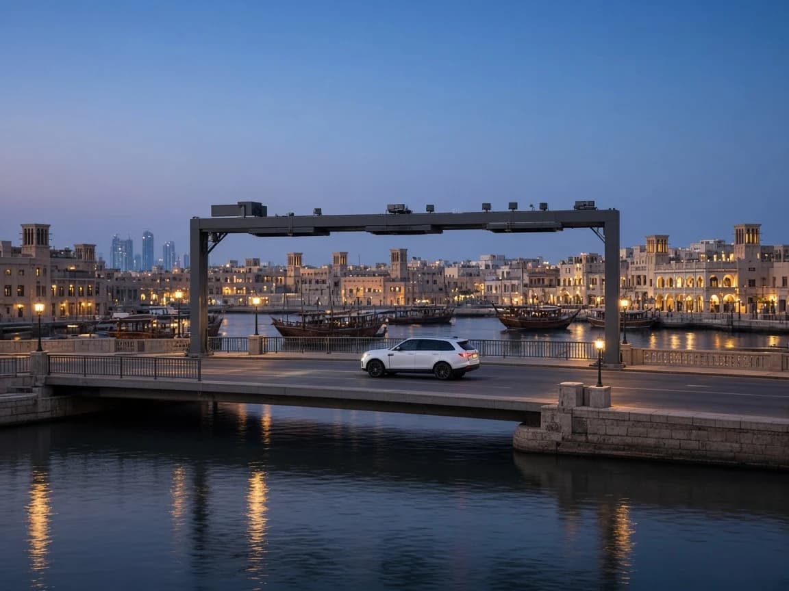 White luxury SUV crossing a Dubai Creek bridge under a Salik toll gantry at blue hour