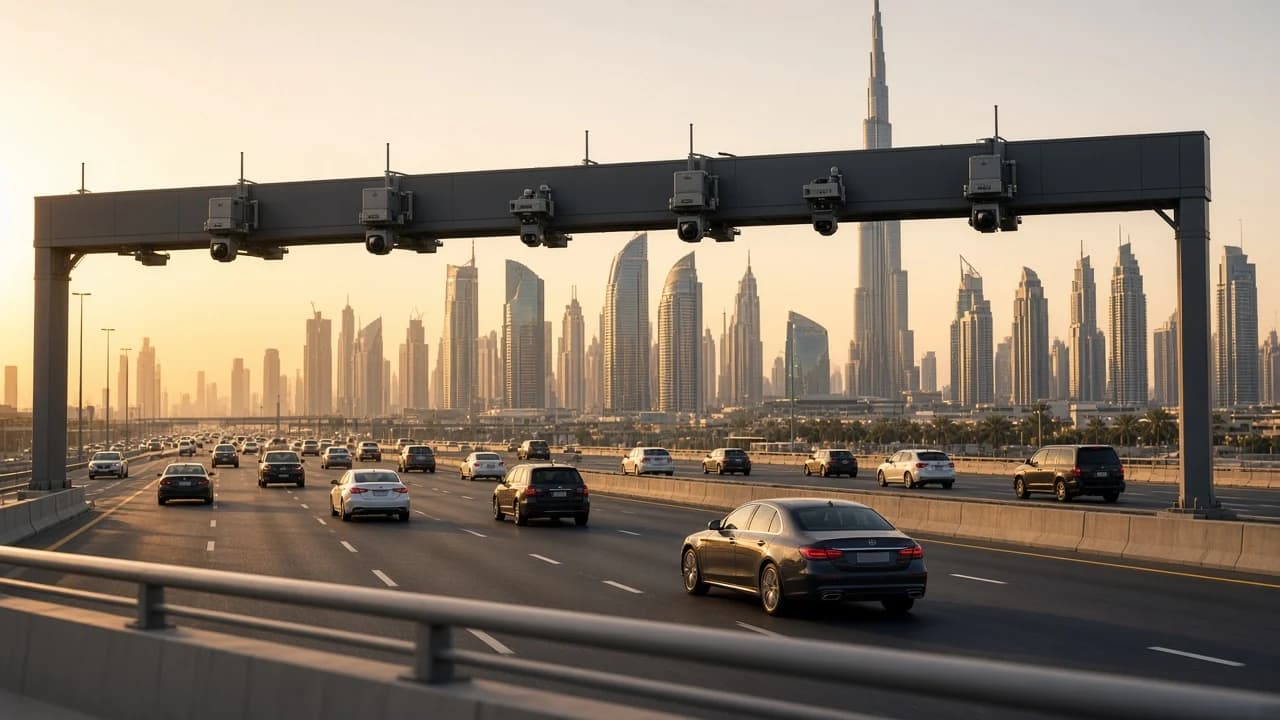 How many Salik gates in Dubai: toll gantry over a multi-lane Dubai highway at golden hour